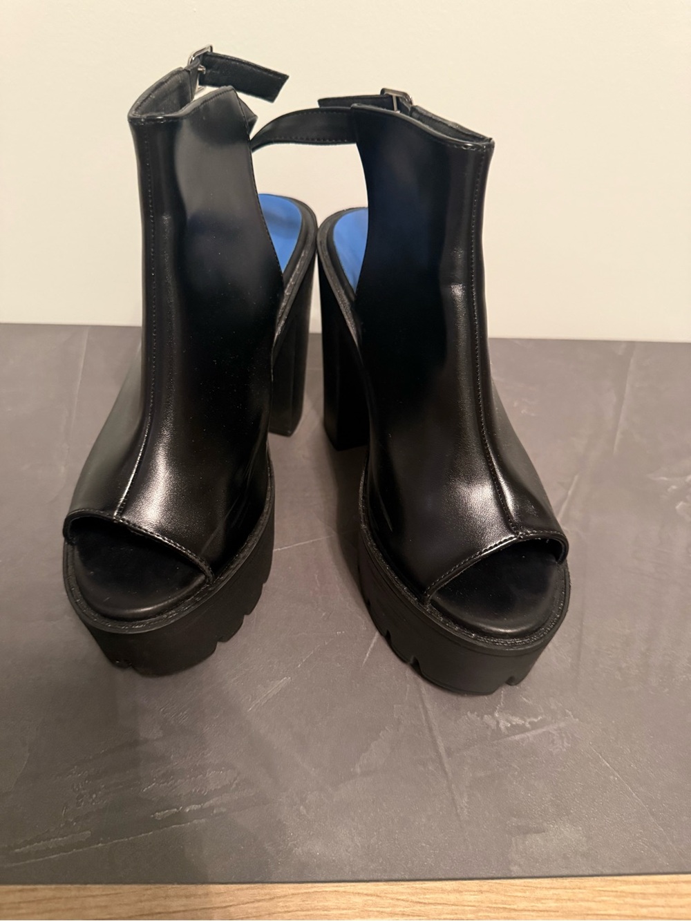 Black Peep-Toe Platform Heels with Ankle Strap